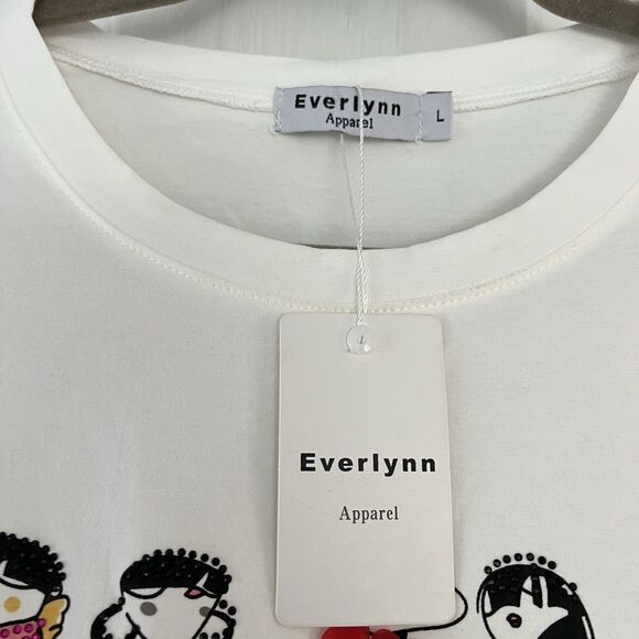 Everlynn Apparel  Puffed Sleeve  Size Large NWT Off White Embellished Round Neck - Picture 3 of 7